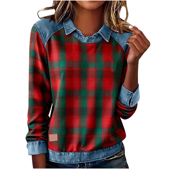 Erwazi Women's Denim Patchwork Sweatshirt Plaid Crewneck Turn Down Collar Long Sleeve Pullover Top