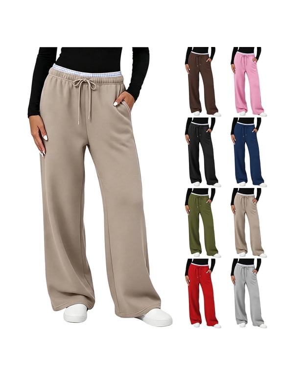 Women's Drawstring Sweatpants Plaid Patch Waist Wide Leg Loose Casual Lounge Pants with Pockets