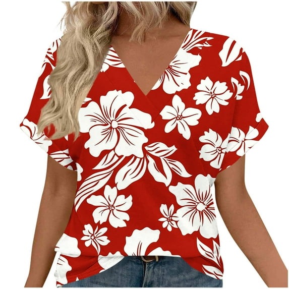 Erwazi Women's Floral Summer T-Shirt Trendy Graphic V-Neck Raglan Short Sleeve Blouse Top