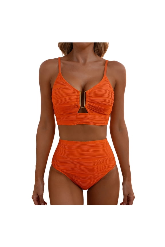 Women's Halter Cutout Bikini Set Solid Padded Wireless High Waisted Ruched 2 Piece Bathing Suit
