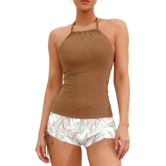 Erwazi Women's Halter Tankini 2 Piece Swimsuit Modest Full Coverage Swim Tank Top Padded Bathing Suit Set