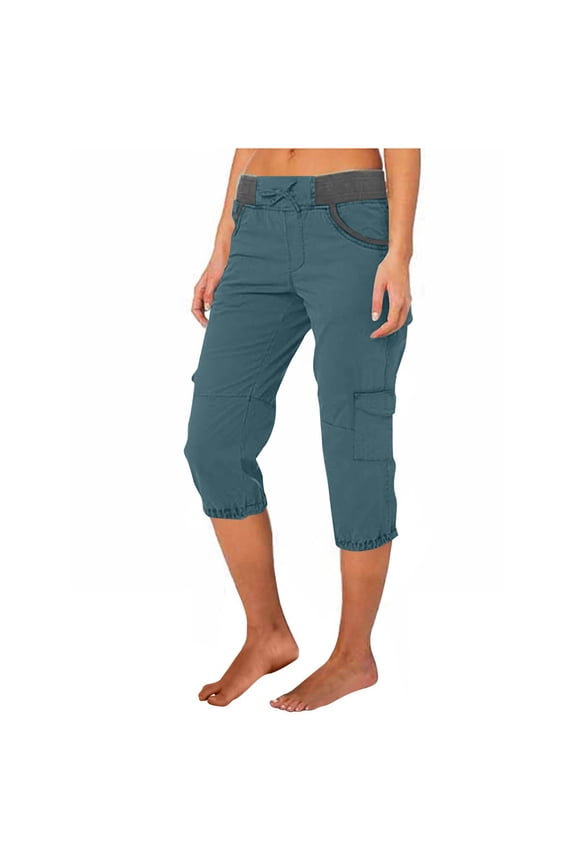 Women's Solid Cargo Capris High Drawstring Waist Outdoor Athletic Capri Pants with Multi Pockets