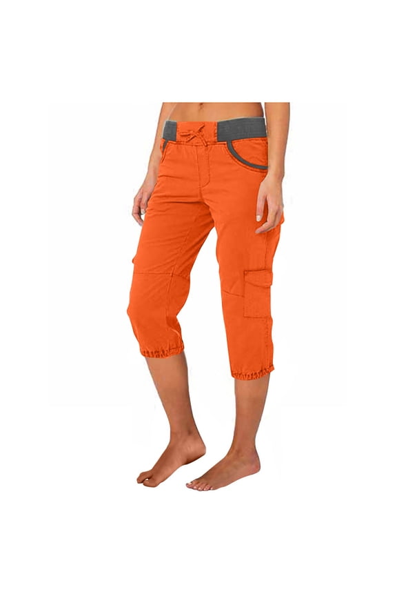 Women's Jogger Cargo Capris Solid High Waisted Drawstring 3/4 Length Pants with Pockets