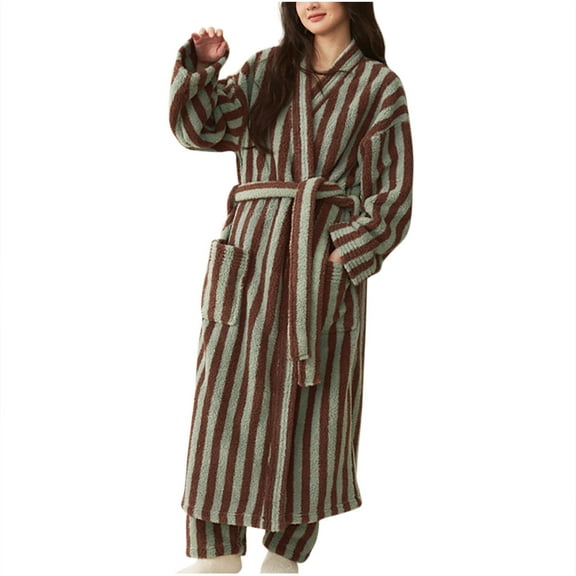 Erwazi Women's Long Robes Stripe Plush Shower Warm Fuzzy Loungewear House Coat Bathrobe with Pocket