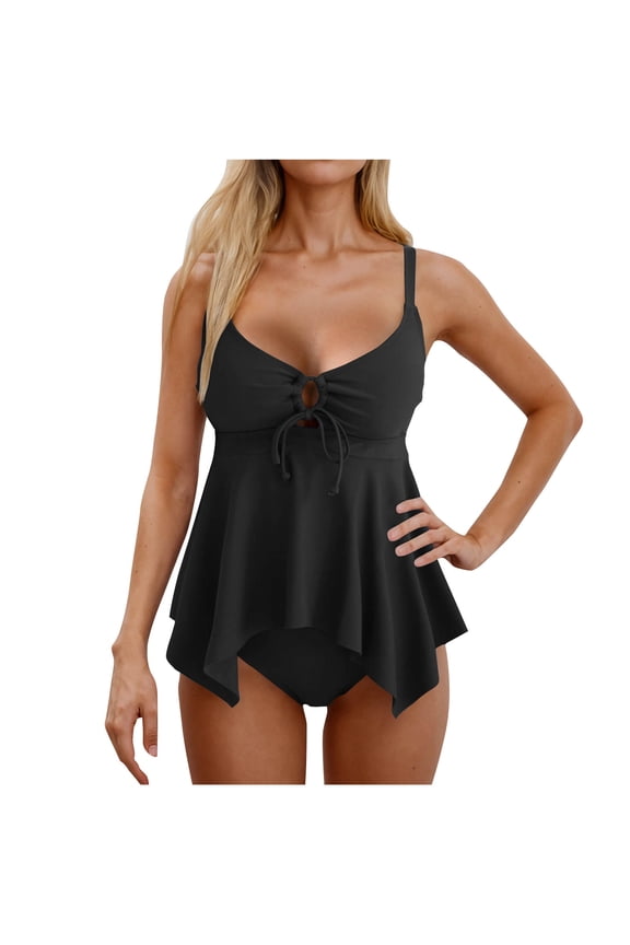 Women's Modest Solid Tankini Set Backless Adjustable Strap 2 Piece Swimsuit with Padded Top