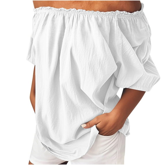 Erwazi Women's Off Shoulder Top Ruffle Short Sleeve Cotton Linen Blouse Summer Casual Loose Shirts
