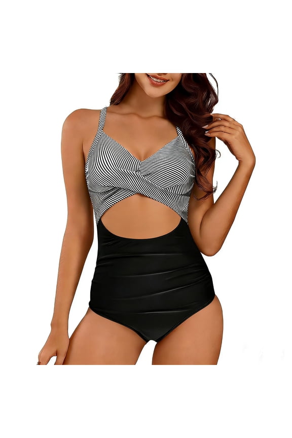 Women's One Piece Swimsuit Striped Open Back Monokini Criss Cross Tie High Waist Beachwear