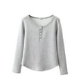 thumbnail image 1 of Erwazi Women's Pajamas Top Solid Button Front Crew Neck Long Sleeve Shirt Hem Warm Base Layer, 1 of 3