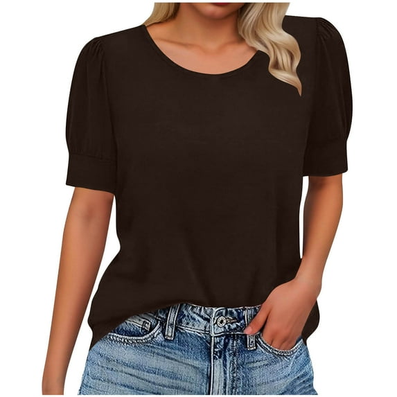 Erwazi Women's Plicated Crew Neck Blouse Solid Short Sleeve Trendy Spring Summer T-Shirt Top