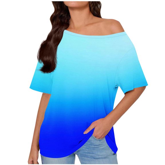 Erwazi Women's Printed T-Shirt Off Shoulder Crewneck Loose Short Sleeve Blouse Top