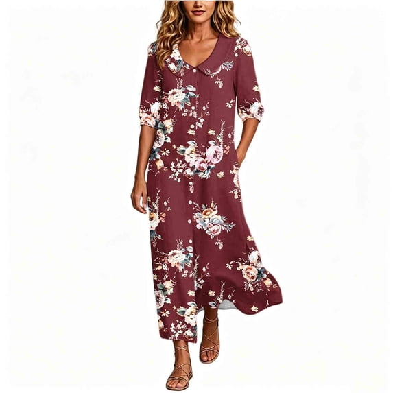 Erwazi Women's Ruffed Dresses Crew Neck 3/4 Sleeve Print Relaxed Fit Weekend Maxi Dress