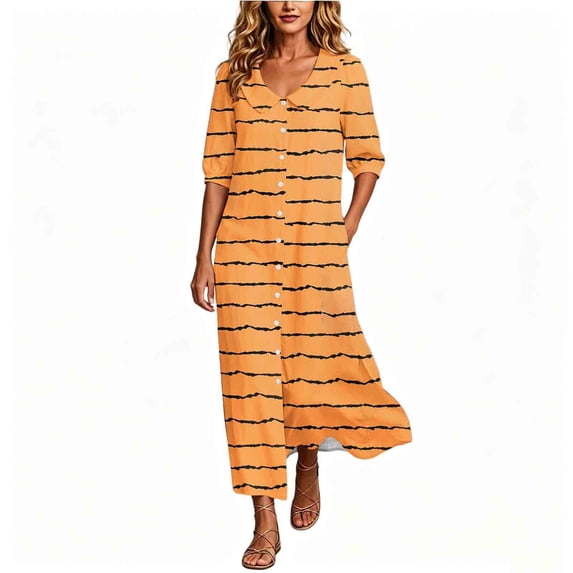Erwazi Women's Ruffed Dresses Crew Neck 3/4 Sleeve Print Relaxed Fit Weekend Maxi Dress