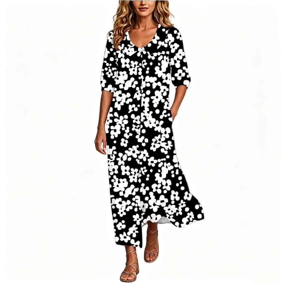 Erwazi Women's Ruffed Dresses Crew Neck 3/4 Sleeve Print Relaxed Fit Weekend Maxi Dress