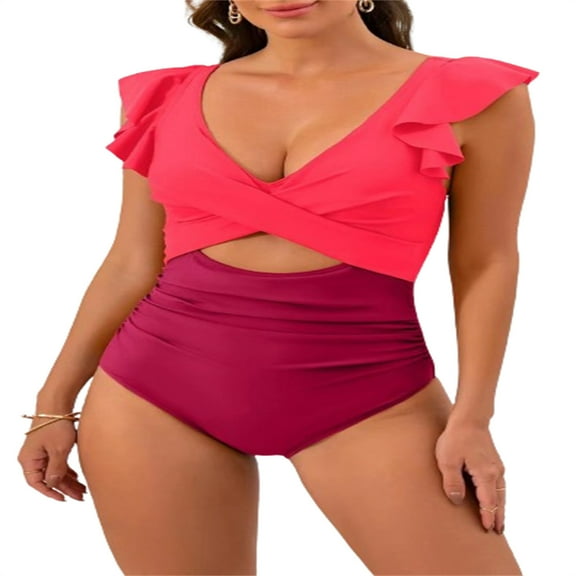 Erwazi Women's Ruffle One Piece Swimsuit Cutout Tummy Control Bathing Suits V Neck Wrap Slimming Swimwear