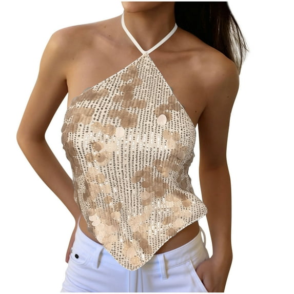 Erwazi Women's Sequin Halter Cami Backless Tie Closure Cropped Night Fall Trendy Party Tank Top