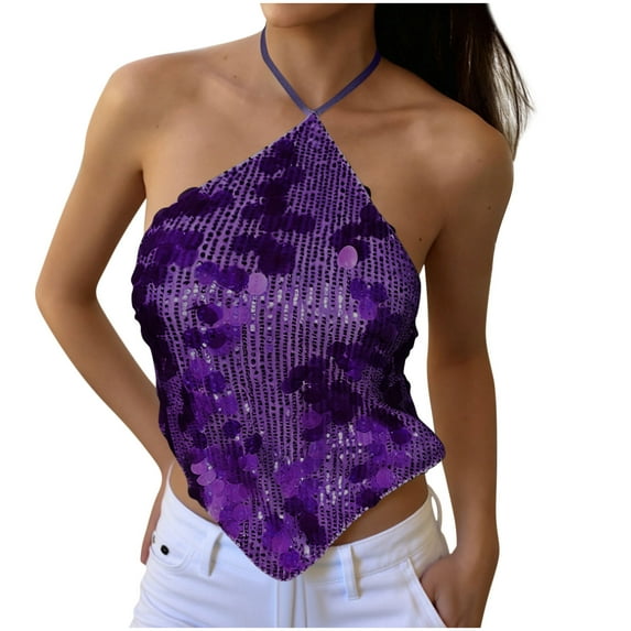 Erwazi Women's Sequin Halter Cami Backless Tie Closure Cropped Night Fall Trendy Party Tank Top