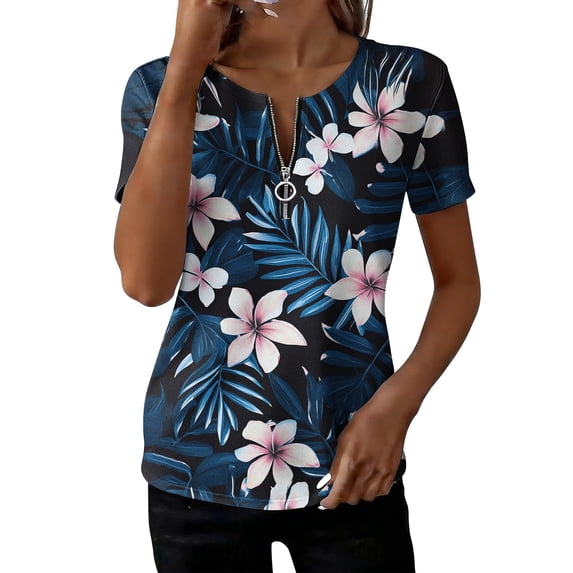 Erwazi Women's Short Sleeve Printed Blouse Zip V Neck Trendy Relax Fit Pullover Summer Casual Tops