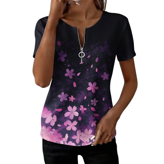 Erwazi Women's Short Sleeve Printed Blouse Zip V Neck Trendy Relax Fit Pullover Summer Casual Tops