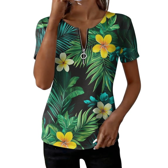 Erwazi Women's Short Sleeve Printed Blouse Zip V Neck Trendy Relax Fit Pullover Summer Casual Tops