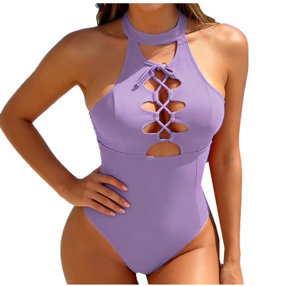 Erwazi Women's Slim Solid One Piece Swimsuit Monokini Cutout Tie with Padded Cups Bathing Suit