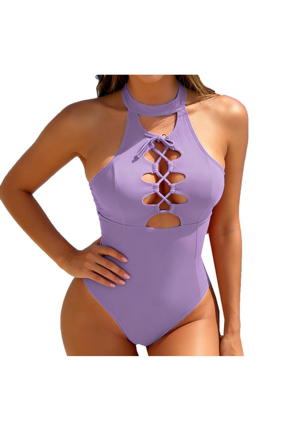 Women's Slim Solid One Piece Swimsuit Monokini Cutout Tie with Padded Cups Bathing Suit