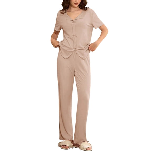 Erwazi Women's Solid 2 Piece Pajama Sets Short Sleeve and Long Pants Pajama Set Casual Loungewear Sleepwear