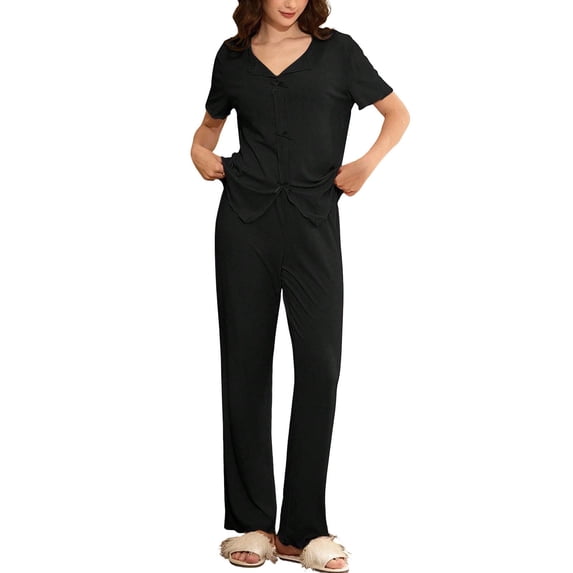 Erwazi Women's Solid 2 Piece Pajama Sets Short Sleeve and Long Pants Pajama Set Casual Loungewear Sleepwear