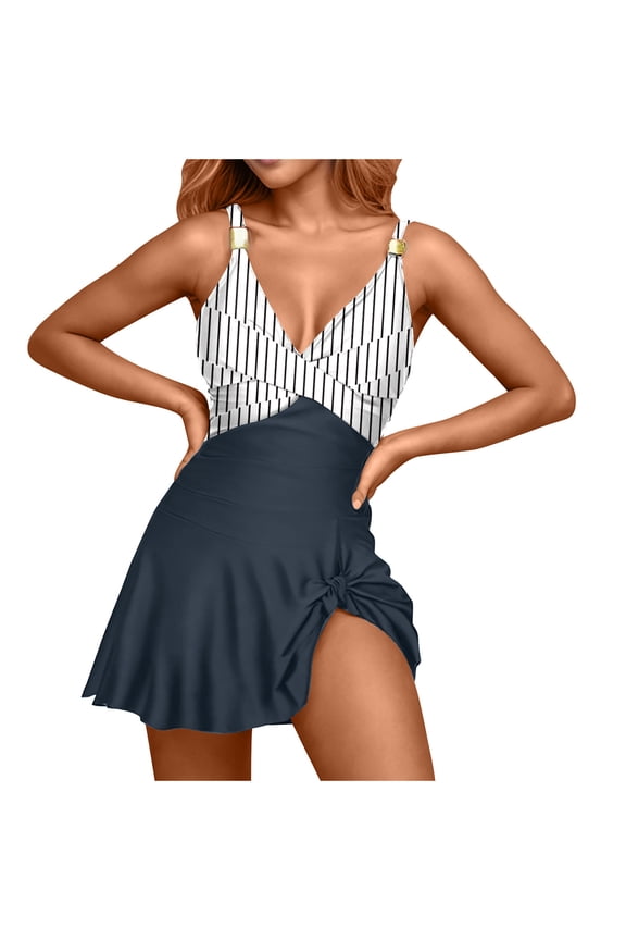 Women's Solid Bikini Style One Piece Swimsuit V Neck Adjustable Straps High Slit Open Back Beach Wear