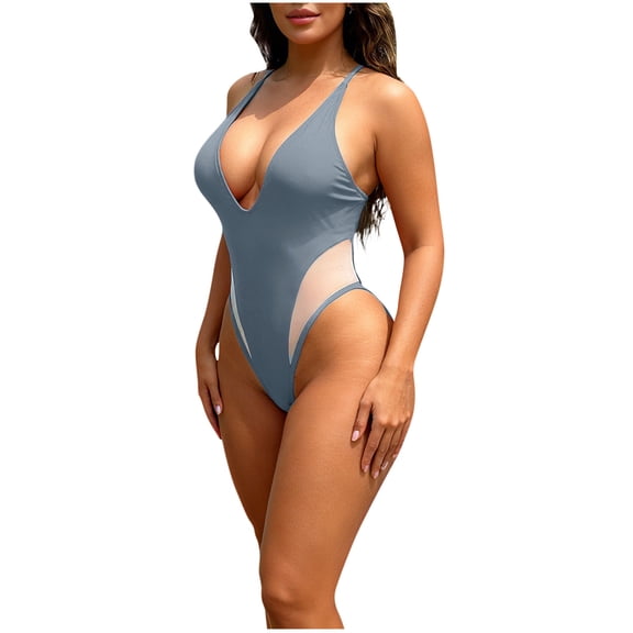 Erwazi Women's Solid Built-in Padded One Piece Swimsuit Deep V Neck Tie Strap Open Back Swim Suits