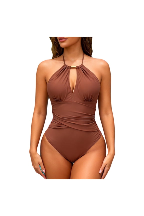 Women's Solid Built-in Padded One Piece Swimsuit Tie Strap Cutout Open Back Bathing Suit