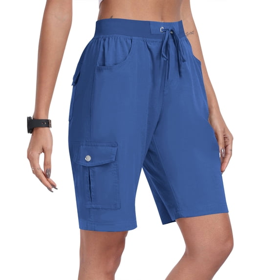 Erwazi Women's Solid Cargo Shorts Drawstring Waist Multi Pockets Knee Shorts for Gym Running Hiking