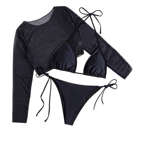Erwazi Women's Solid Color 3 Piece Bikini Set Sheer Cover Up Top Drawstring Bottoms Bathing Suit Beach Swimwear