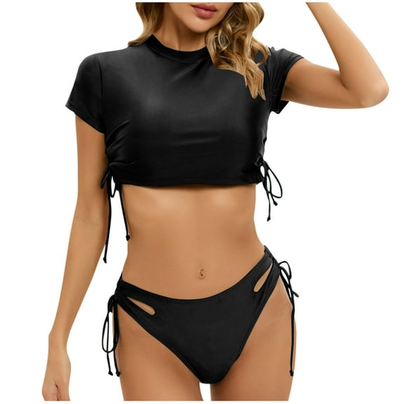Erwazi Women's Solid Color Padded Wireless 2 Piece Bikini Set Tie String Backless Side Cutout Tummy Control Beach Swimwear