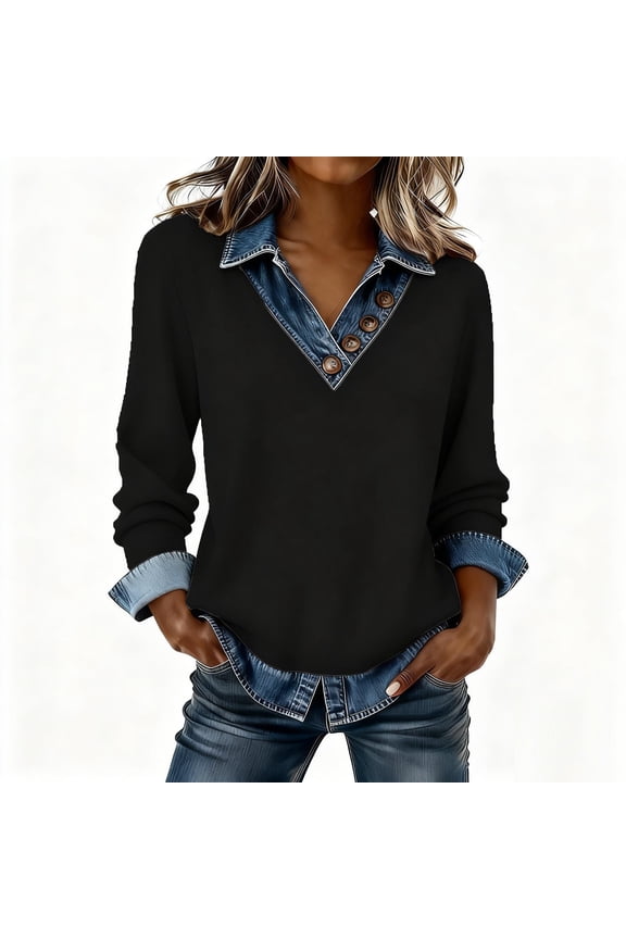Women's Solid Denim Patchwork Sweatshirt Button Turn Down Collar Long Sleeve Pullover Top
