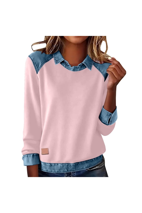 Women's Solid Denim Patchwork Sweatshirt Crewneck Turn Down Collar Long Sleeve Pullover Top