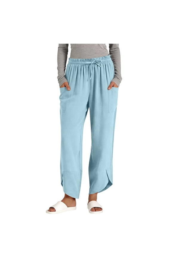 Women's Solid Elastic Waist Pants with Drawstring Split Hem Casual Pant with Pocket