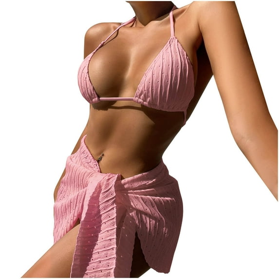 Erwazi Women's Solid Halter Drawstring 3 Piece Swimsuit Set Cover Up String Tie Side Bathing Suits
