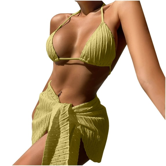 Erwazi Women's Solid Halter Drawstring 3 Piece Swimsuit Set Cover Up String Tie Side Bathing Suits