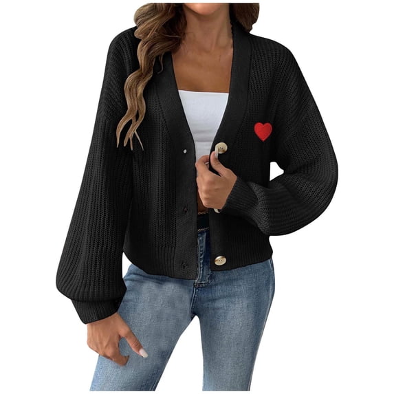 Erwazi Women's Solid Knit Sweater Cardigan Open Front Heart Print Long Sleeve Cozy Spring Fall Outerwear