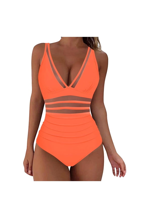 Women's Solid One Piece Swimsuit Mesh Panel Built-in Padded Bra Wire Free Beach Vacation Bathing Suit