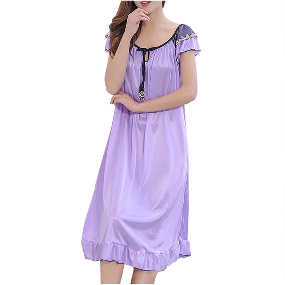 Erwazi Women's Solid V-Neck Nightgown Satin Short Sleeve Bow Ruffle Trim Long Sleep Dress Loungewear