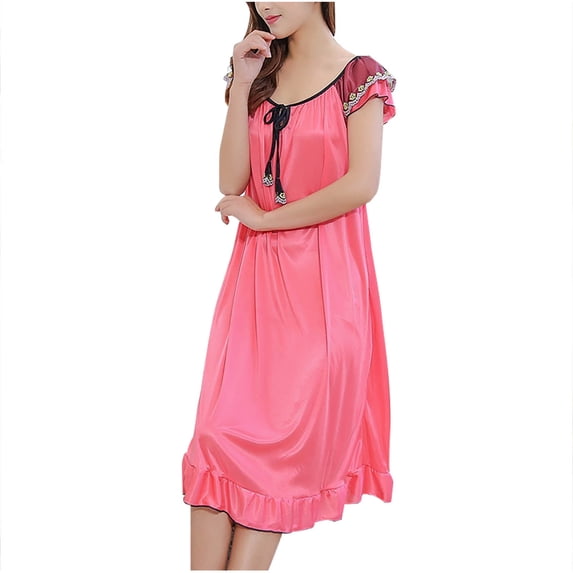 Erwazi Women's Solid V-Neck Nightgown Satin Short Sleeve Bow Ruffle Trim Long Sleep Dress Loungewear