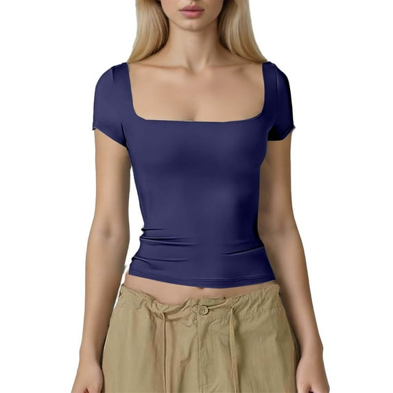 Erwazi Women's Square Neck Slim Fit Shirt Solid Color Short Sleeve Basic Undershirt Casual Top