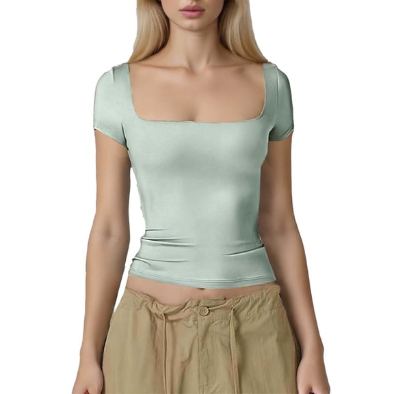 Erwazi Women's Square Neck Slim Fit Shirt Solid Color Short Sleeve Basic Undershirt Casual Top