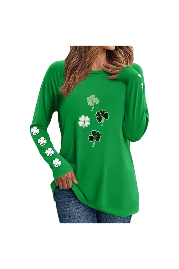 Women's St Patrick's Day T-Shirt Green Long Sleeve Crewneck Shamrock Tees Tops