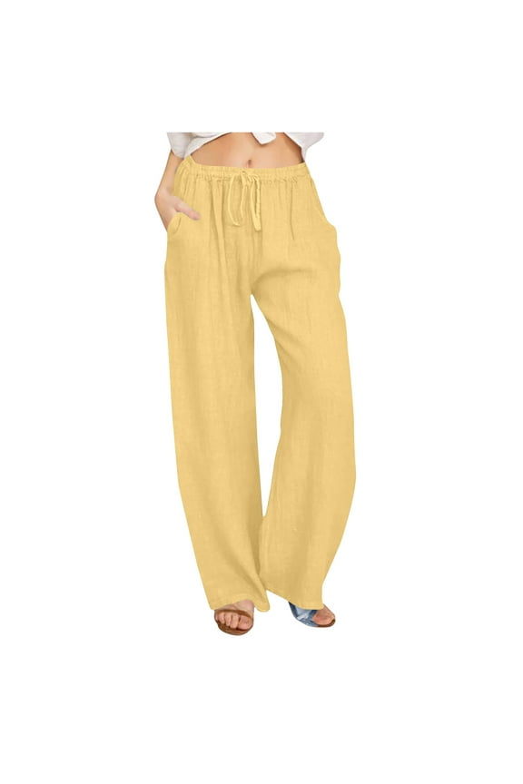 Women's Summer Drawstring Waist Cotton Linen Palazzo Pants Wide Leg Loose Lounge Pants Casual Womens Slacks