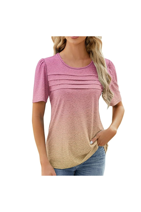 Women's Summer Short Sleeve Tops Casual Dressy Shirts Round Neck Fashion Gradient Pleated Business Blouses Tunic Top