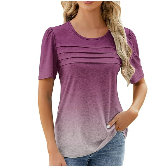 Erwazi Women's Summer Short Sleeve Tops Casual Dressy Shirts Round Neck Fashion Gradient Pleated Business Blouses Tunic Top