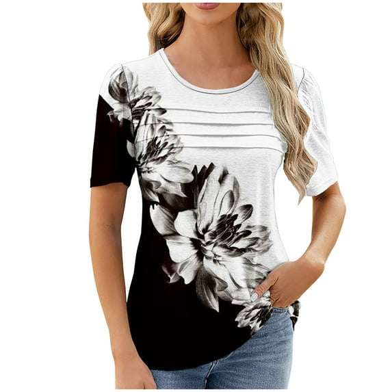 Womens Sweatshirts Clearance Erwazi Women's Summer Short Sleeve Tops Casual Dressy Shirts Round Neck Fashion Gradient Pleated Business Blouses Tunic Top