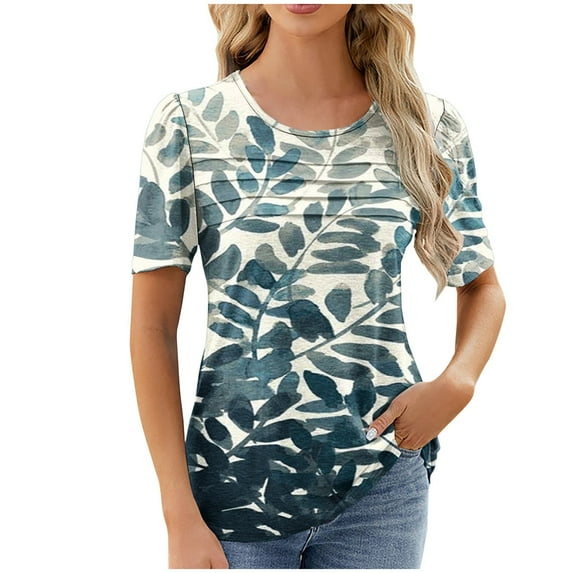 Erwazi Women's Summer Short Sleeve Tops Casual Dressy Shirts Round Neck Fashion Gradient Pleated Business Blouses Tunic Top